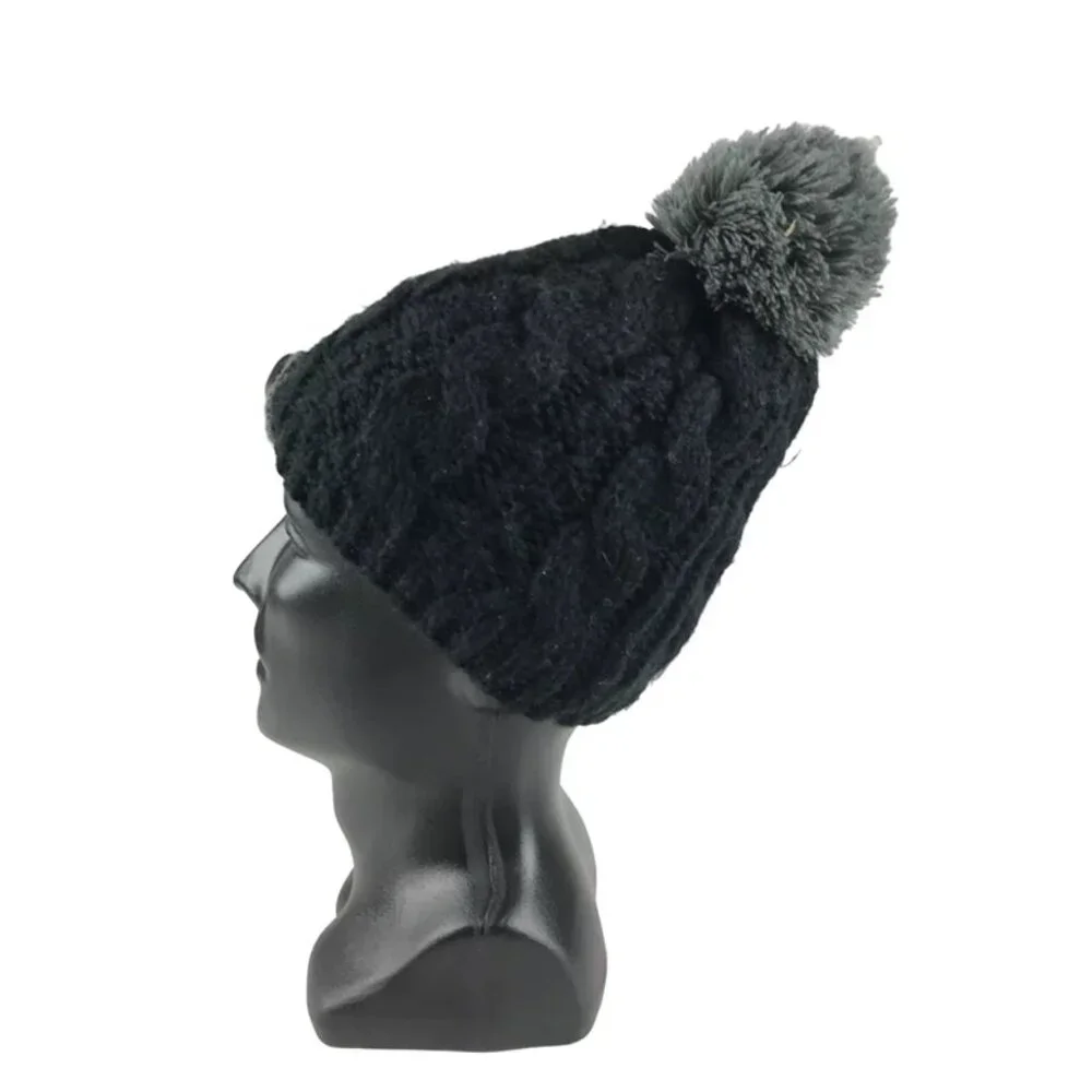 Moon Shadow Womens Black Gray 100% Acrylic Pom Top Knitted Beanie Hat One Size - Picture 3 of 11